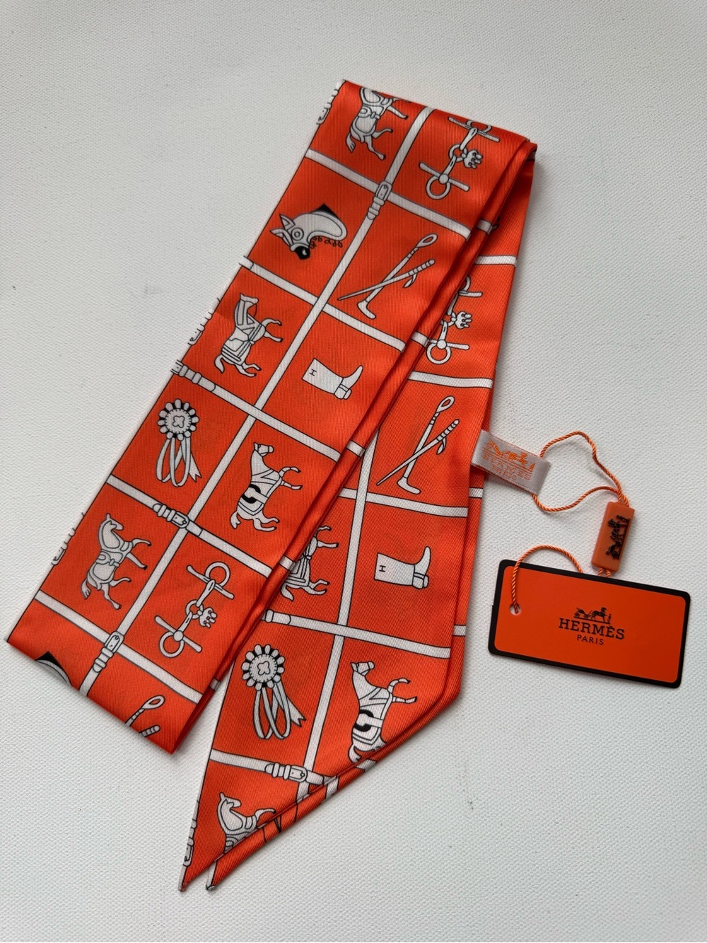 LUXE Twilly Silk Scarf Orange Equestrian Print NWT